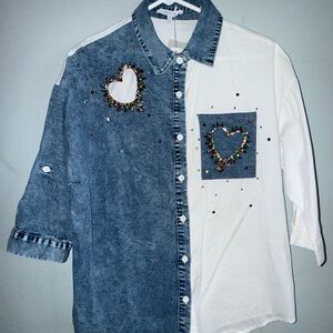 Women Denim and White Heart Embellished Shirt
